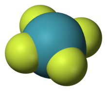 平面型分子模型，中间为氙原子，与四个氟原子对称键合。
