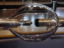 椭球形玻璃容器中有两条金属电极指向对方，一个钝，另一个尖。